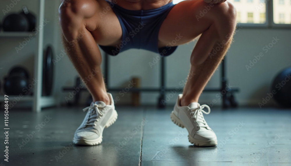 Muscular athlete performs deep squats in a bright gym, focusing on strength and form during workout session Muscular athlete performs deep squats in a bright gym, focusing on strength and form during workout session