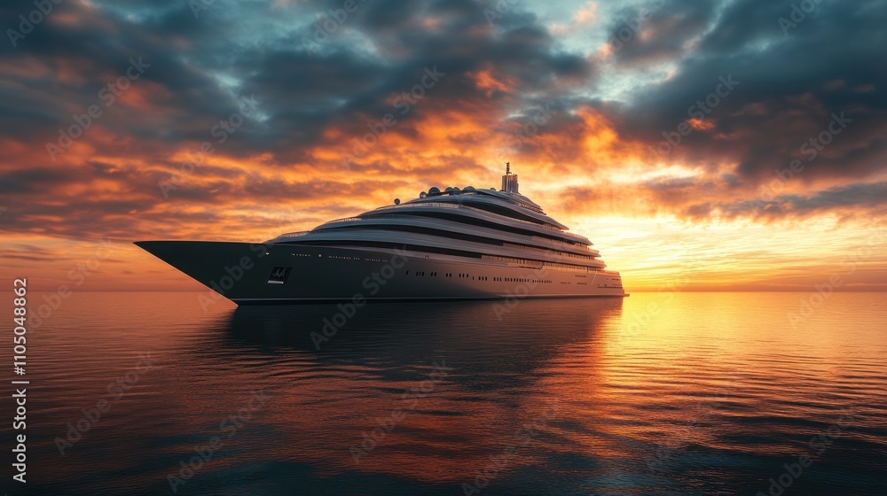 A futuristic cruise ship at sunset on calm waters. A futuristic cruise ship at sunset on calm waters.