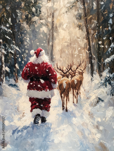 14h An oil painting depicting Santa Claus and his reindeer walking through a snowy winter forest, creating a festive Christmas mood. The scene is viewed from behind, with snow falling in the light bac