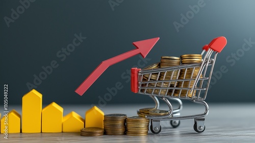 Inflation and the economic crisis. Financial market crash. The red arrow on the chart is pointing up at the stacks of coins and shopping cart. higher inflation rate compared to the product received.
