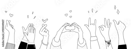 Doodle sketch hands up gestures comic icons silhouettes vector set. Group of line art fun comic hands in the air. Voting or happy congratulation audience recognition symbols.