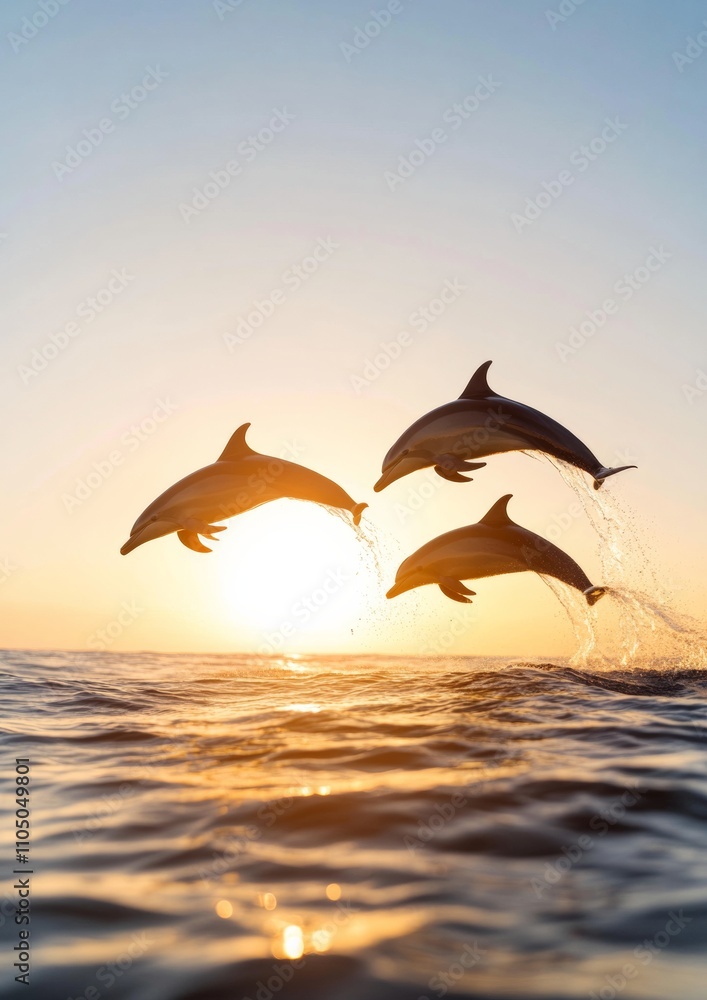 Naklejka premium Captivating Dolphins in Flight Dawn Over the Ocean