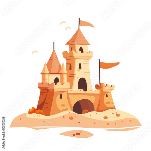 Sandcastle isolated on white background. Flat cartoon illustration