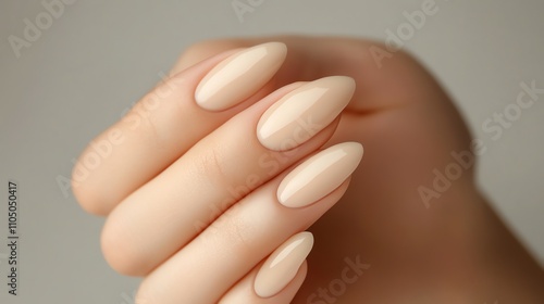 Close up of a woman's hand with soft, neutral nail polish.