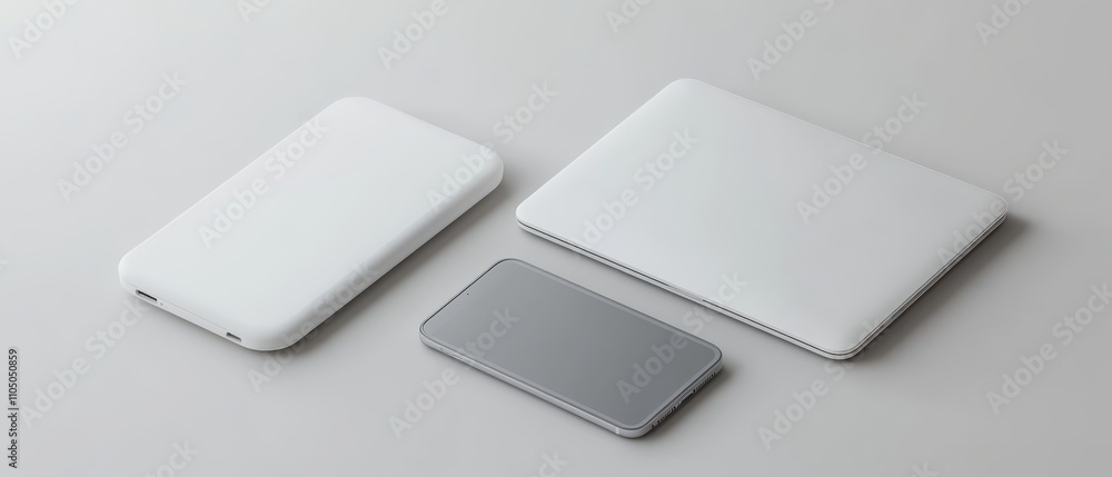 High-resolution 3D render of minimalist white and gray laptop and mobile phone High-resolution 3D render of minimalist white and gray laptop and mobile phone