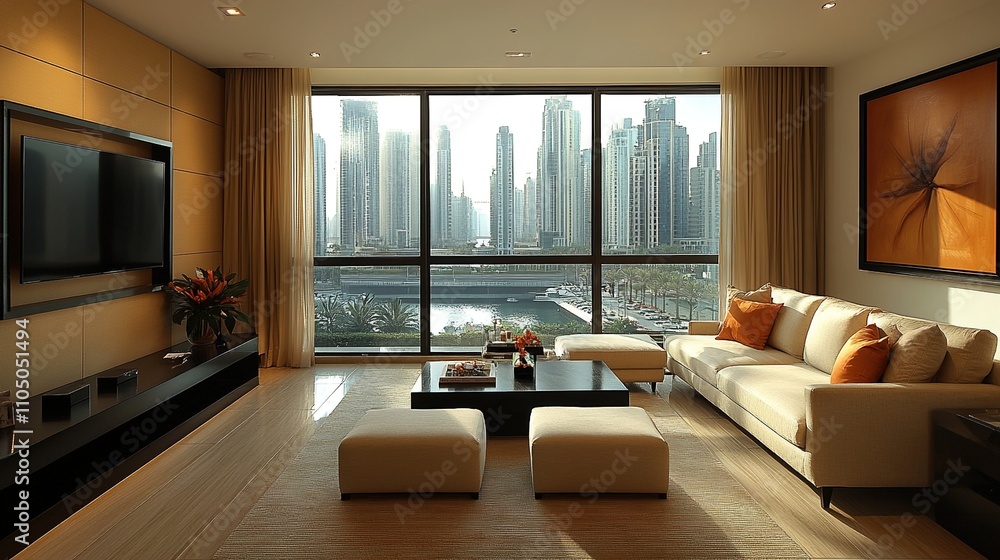 Spacious and Elegant Living Room with Plush Beige Ottoman, Sleek Black Coffee Table, Minimalist Decor, and Cozy Ambiance Spacious and Elegant Living Room with Plush Beige Ottoman, Sleek Black Coffee Table, Minimalist Decor, and Cozy Ambiance