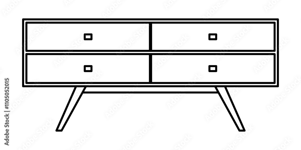 Wooden cabinet line icon with drawers. Sideboard, low cabinet. Furniture wooden living decor line style frame concept. For room design interior home modern. Front view. Vector Illustration Wooden cabinet line icon with drawers. Sideboard, low cabinet. Furniture wooden living decor line style frame concept. For room design interior home modern. Front view. Vector Illustration