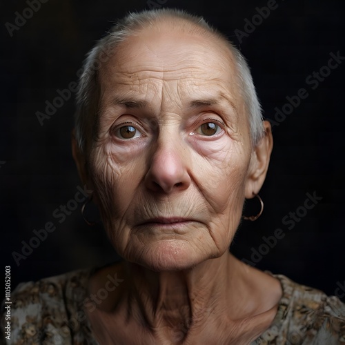 the face of a bald elderly woman after chemotherapy