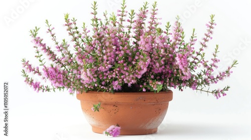 White and pink heather flowers grown in a clay pot, isolated on a white backdrop. Growing autumn and winter plants in a garden or on a balcony.