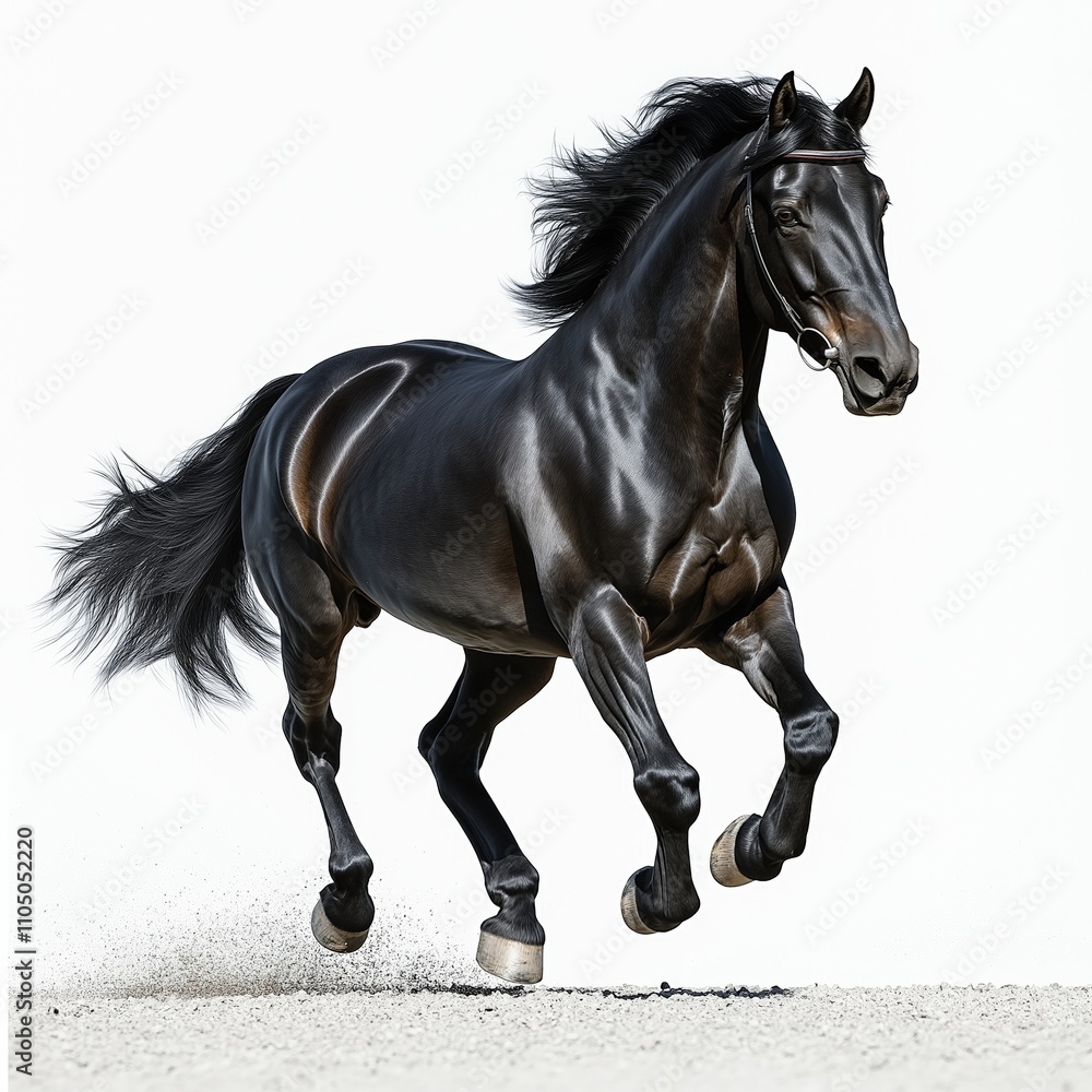Galloping shiny black Andalusian stallion isolated on white background. Galloping shiny black Andalusian stallion isolated on white background.