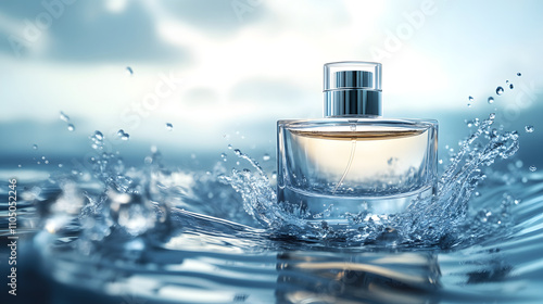 A stylish perfume bottle creates ripples in a serene water setting. photo