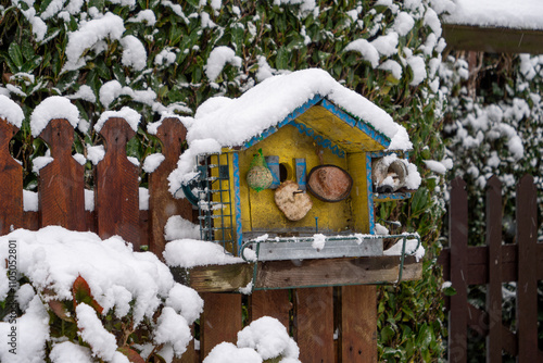 Bird feeder is covered in snow and is sitting on a wooden fence. The snow has piled up on the feeder, making it look like a small house. photo