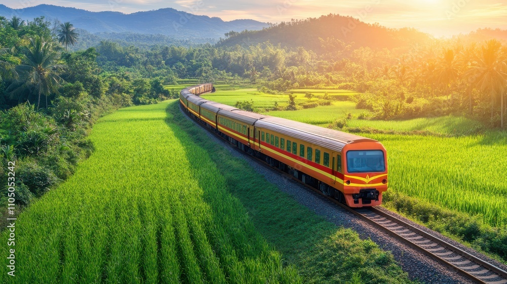 Train Moving Through Lush Green Fields Under Sunlight Train Moving Through Lush Green Fields Under Sunlight