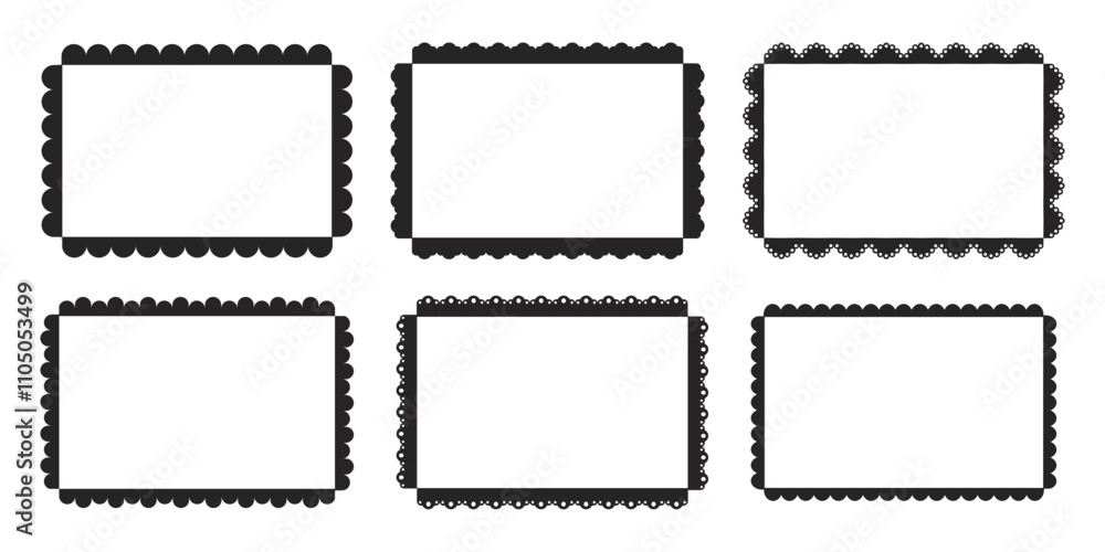 Scalloped border curve lace frame set. Silhouette frilly figure, stamp curvy edge. Wiggle decoration, tag, vintage sticker. Scalloped border curve lace frame set. Silhouette frilly figure, stamp curvy edge. Wiggle decoration, tag, vintage sticker.