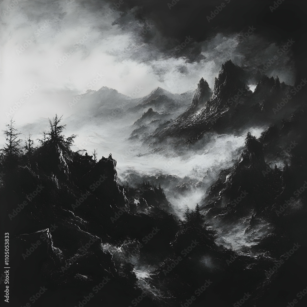 Obraz premium Monchromatic Mountainous Landscape, A Dramatic, Fog-Shrouded Vista of Peaks and Valleys, Majestically Rendered in Shades of Gray.