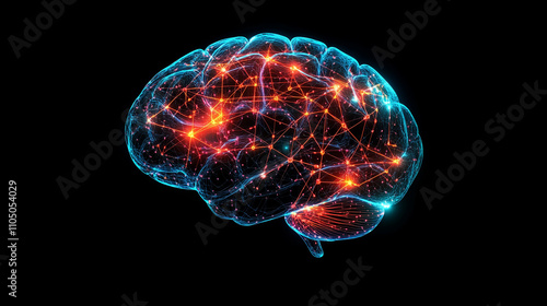 Human Mind vs. Ai technology, a digital representation of a human brain with glowing interconnected neurons of orange and blue light, illustration isolated on black background