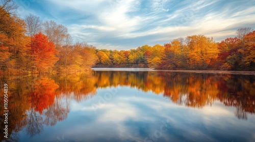 Golden autumn landscape mirrored in a tranquil lake, with vibrant fall colors creating a picturesque scene. The autumn landscape invites calm, offering ample space for warm reflections. photo