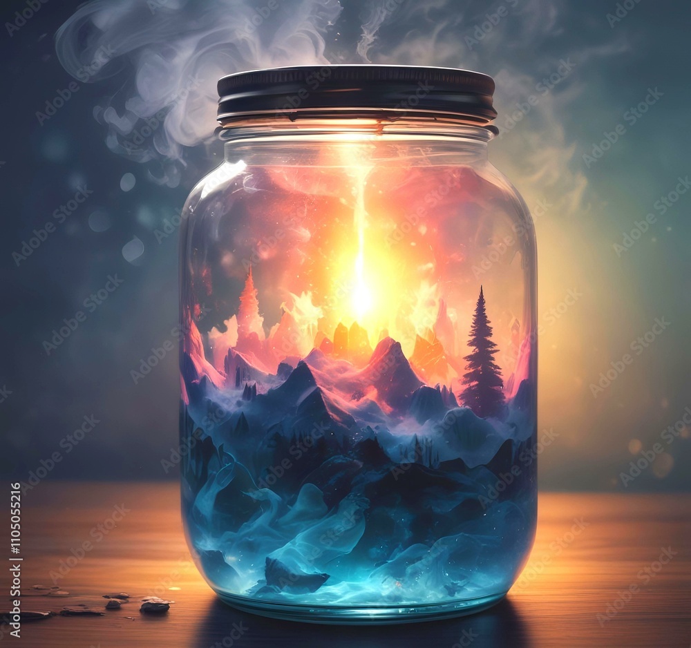 Illustration of glowing and magic dramatic smoke in jar with water reflection. Illustration of glowing and magic dramatic smoke in jar with water reflection.