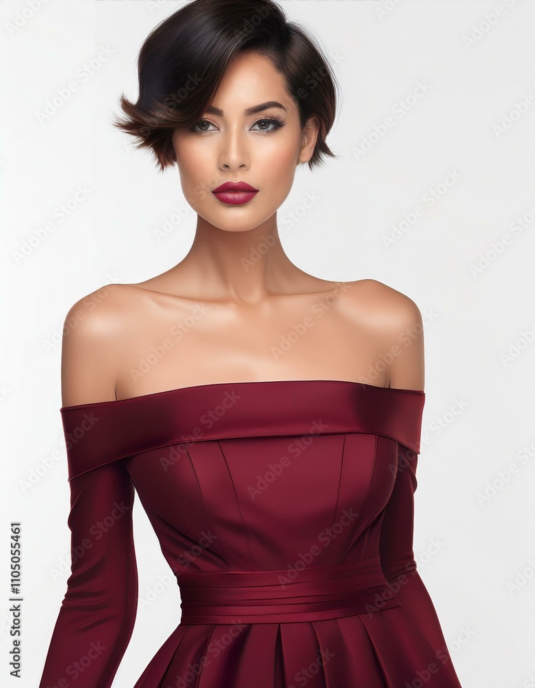 studio portrait of a brunette model with short hair wearing a low cut dark red bordeaux dress with nude shoulders on white background, fashion photography studio portrait of a brunette model with short hair wearing a low cut dark red bordeaux dress with nude shoulders on white background, fashion photography