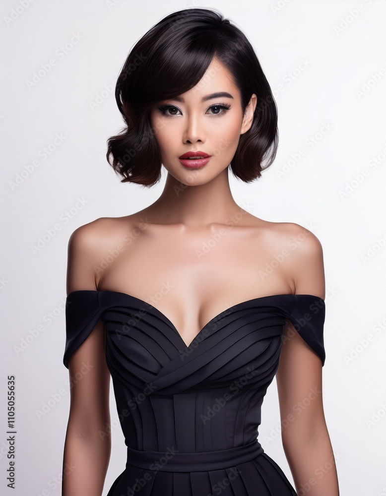 studio portrait of a brunette model with short hair wearing a low cut black dress with nude shoulders on white background, fashion photography studio portrait of a brunette model with short hair wearing a low cut black dress with nude shoulders on white background, fashion photography