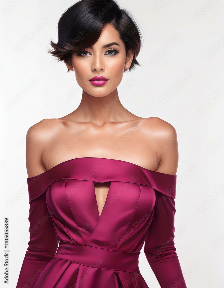 studio portrait of a brunette model with short hair wearing a low cut purple dress with nude shoulders on white background, fashion photography studio portrait of a brunette model with short hair wearing a low cut purple dress with nude shoulders on white background, fashion photography