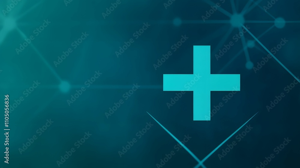 Obraz premium A minimalistic design featuring a teal plus sign against a blurred blue background, suggesting positivity, addition, or enhancement.
