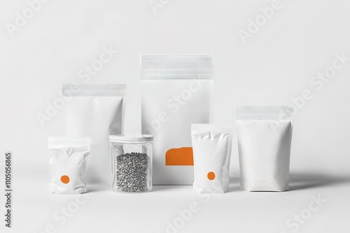 A variety of clear and white stand-up pouches mockup and  various products on a white background.