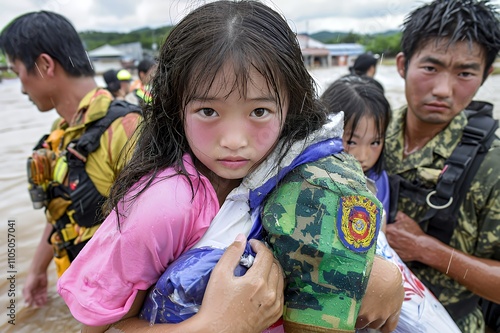 A young girl is rescued from floodwaters, showing the impact of natural disasters on communities. photo