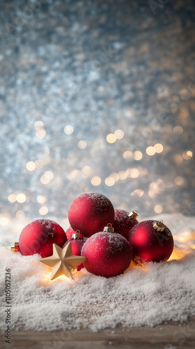 Red Christmas balls with snow in background, Premium Christmas wallpaper background