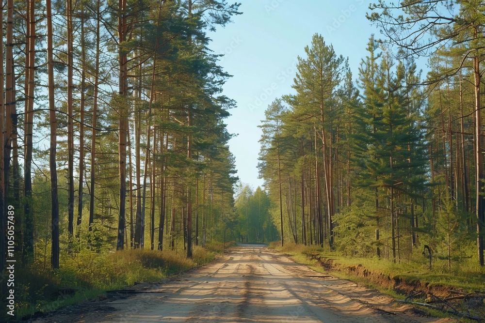 Bright rays of sunlight on the pine forest road, forest in the morning sunlight rays. AI generative Bright rays of sunlight on the pine forest road, forest in the morning sunlight rays. AI generative