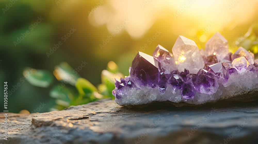 Close-up of a stunning amethyst crystal cluster resting on a rock with sunlight. Close-up of a stunning amethyst crystal cluster resting on a rock with sunlight.