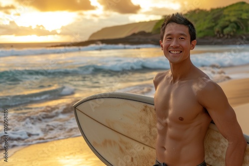 Carefree Surfer: A smiling East Asian man holding a surfboard, standing on a sandy beach at sunset with waves in the background. AI generative photo