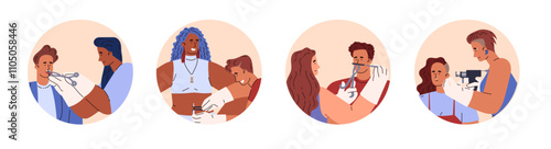 Set of round scenes with people making piercing flat style