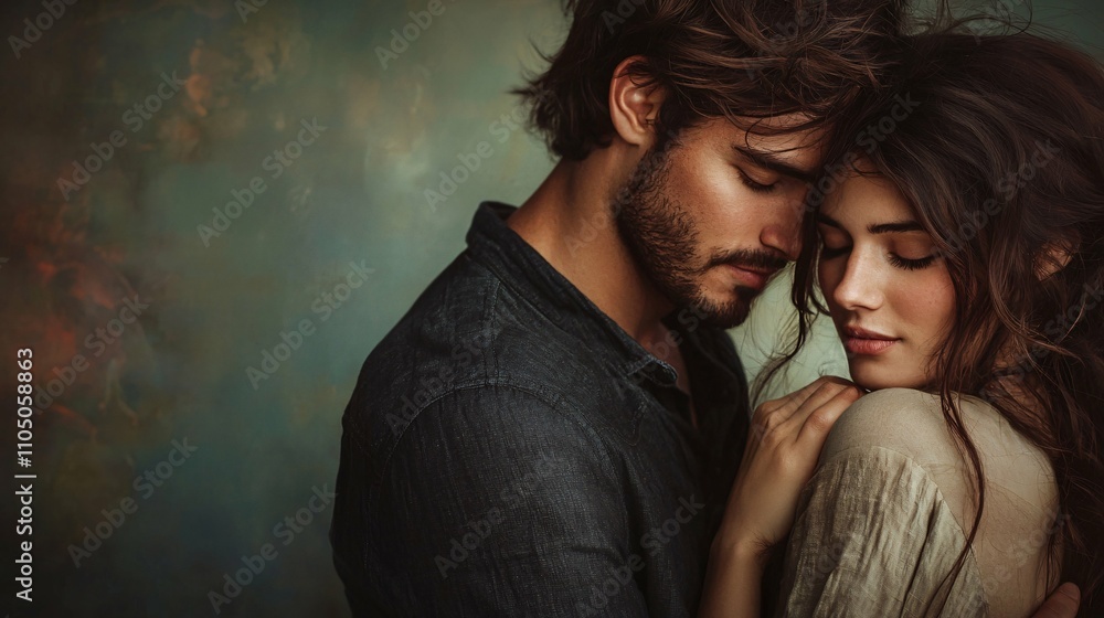 A romantic couple embraces in a studio, exuding love and intimacy through their affectionate expressions. A romantic couple embraces in a studio, exuding love and intimacy through their affectionate expressions.
