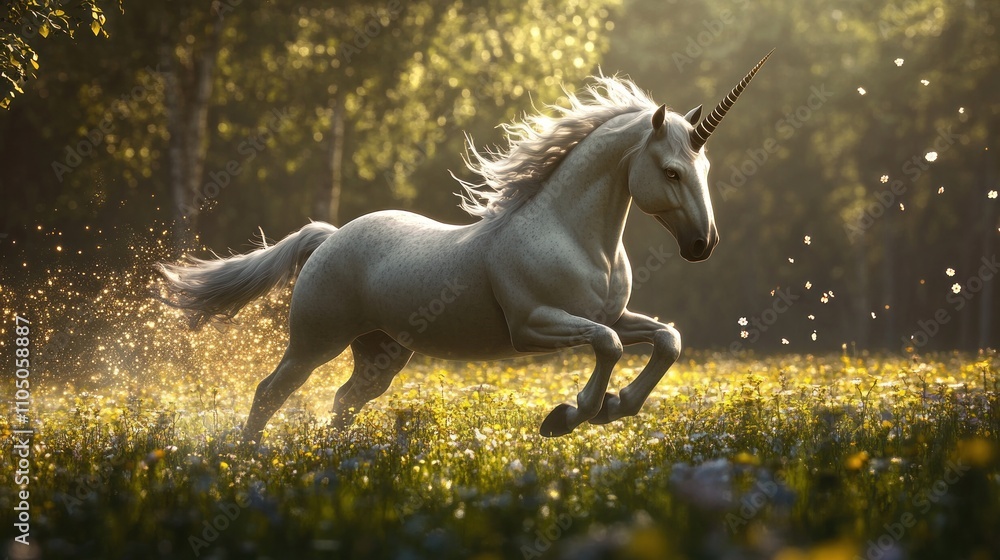 Magical Unicorn Galloping Through Sunlit Meadow Magical Unicorn Galloping Through Sunlit Meadow