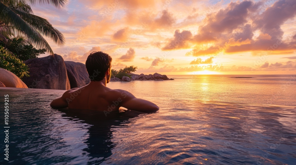 A serene sunset view with a person relaxing in a pool. A serene sunset view with a person relaxing in a pool.