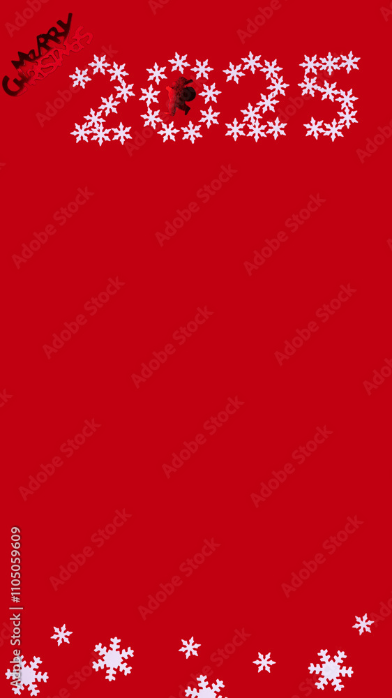 Merry Christmas lettering and number 2025 made of confetti and snowflakes on red background. Merry Christmas and Happy New Year concept Merry Christmas lettering and number 2025 made of confetti and snowflakes on red background. Merry Christmas and Happy New Year concept