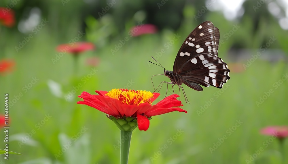 Brown and Black Butterfly Perched on Vibrant Flower: A Nature Beauty. Brown and Black Butterfly Perched on Vibrant Flower: A Nature Beauty.