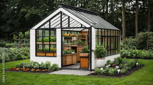 Recycle upcycling management concept. A modern greenhouse with glass panels  surrounded by greenery and vibrant plants  showcasing a blend of nature and design.