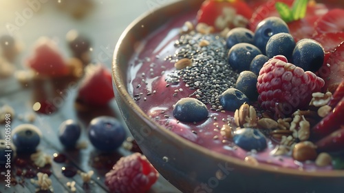 A vibrant smoothie bowl topped with fresh berries, chia seeds, and granola, offering a healthy and colorful breakfast option. photo