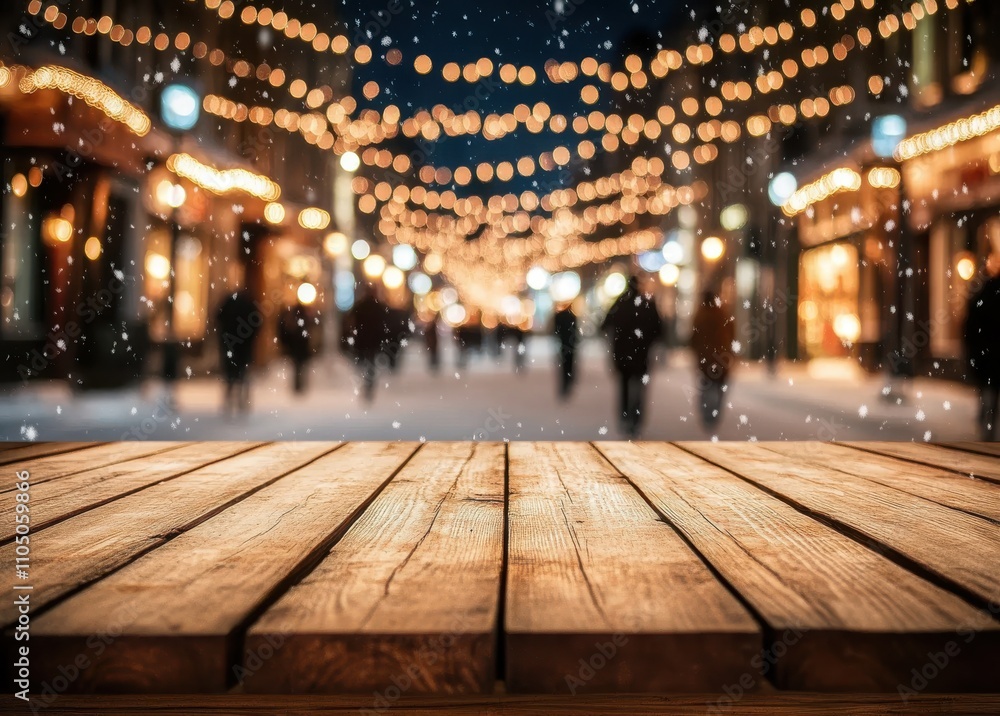 Wooden table with blurred evening street and Christmas lights, New Year concept Wooden table with blurred evening street and Christmas lights, New Year concept