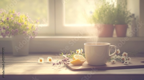 Steaming Teacup Lemon Slices Daisies Wooden Tray Sunlight