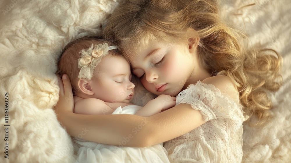 Two young girls peacefully sleeping together in a cozy setting. Two young girls peacefully sleeping together in a cozy setting.