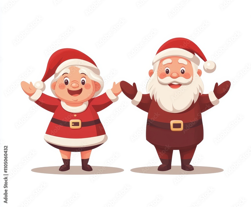 Isolated, modern cartoon characters of Santa Claus and his wife, Mrs. Claus, waving and greeting each other as they celebrate the winter holidays with their Christmas family. Isolated, modern cartoon characters of Santa Claus and his wife, Mrs. Claus, waving and greeting each other as they celebrate the winter holidays with their Christmas family.