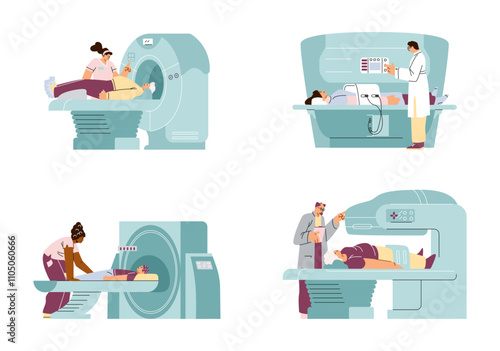 MRI scan and diagnostics, medical examination patient on magnetic resonance imaging machine, radiology test vector set