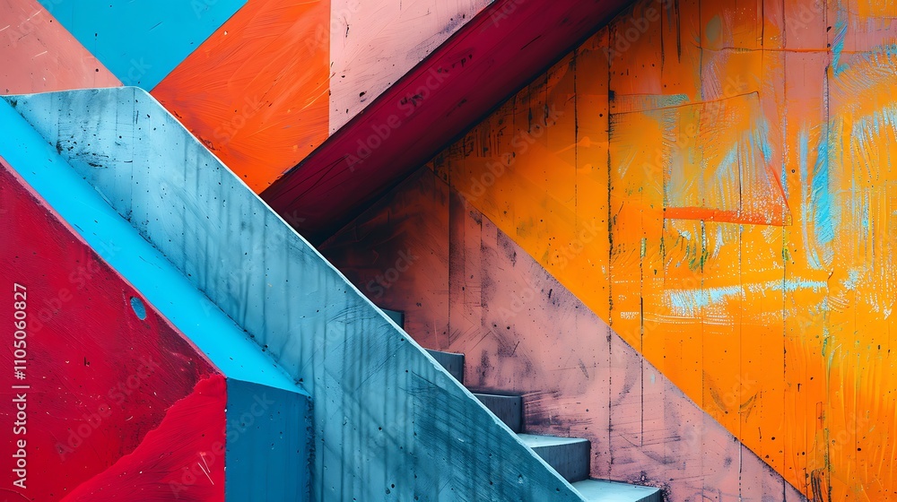 A vibrant staircase against a colorful wall, showcasing geometric patterns in red, blue, and orange, creating an artistic urban atmosphere. A vibrant staircase against a colorful wall, showcasing geometric patterns in red, blue, and orange, creating an artistic urban atmosphere.