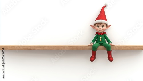 A 3D render depicting a cute young elf sitting on the edge, framed by a festive Christmas border and cartoon holiday elements, including Santa.