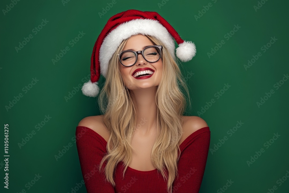 Blonde woman with a Santa hat and dressed up in funny glasses, standing out on a green background. Blonde woman with a Santa hat and dressed up in funny glasses, standing out on a green background.