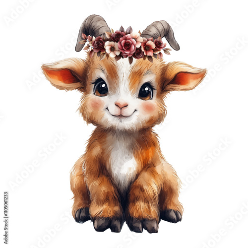 Cute baby goat illustration wearing a delicate floral crown, featuring fluffy brown and white fur, curved horns, and sweet expressive eyes, ideal for nature-inspired farm art and children’s decor