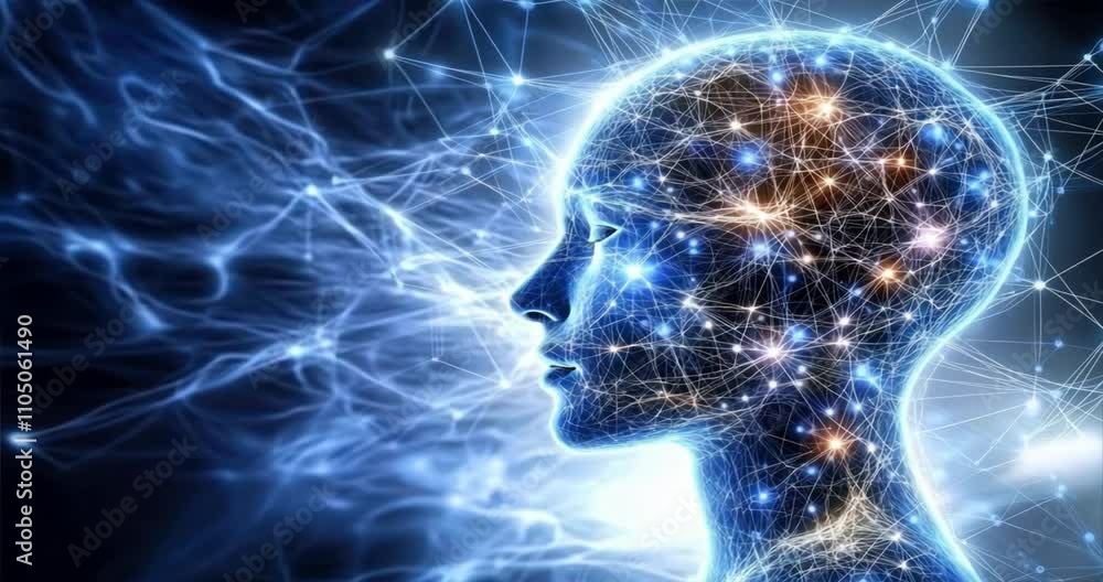 Conceptual illustration of glowing ai neural network connections forming a human head outline, symbolizing intelligence, ms, and multiple sclerosis data driven insights Conceptual illustration of glowing ai neural network connections forming a human head outline, symbolizing intelligence, ms, and multiple sclerosis data driven insights